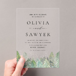 Wasserfarbenschnee Evergreen Forest Winter Wedding Acryleinladungen