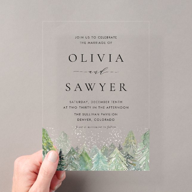 Wasserfarbenschnee Evergreen Forest Winter Wedding Acryleinladungen (Insitu (Handheld))