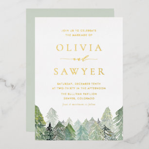 Wasserfarbenschnee Evergreen Forest Winter Wedding Folieneinladung