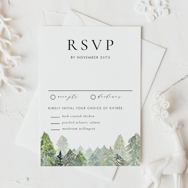 Wasserfarbenschnee Evergreen Forest Winter Wedding RSVP Karte (This RSVP card features a snowy watercolor forest, perfect for winter weddings and seasonal events.)