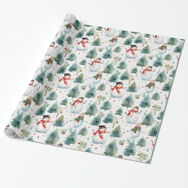 Wasserfarbenschneemann und Weihnachtsbaum Geschenkpapier (Ungerollt)