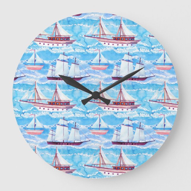 Wasserfarbensegelschiff Muster Große Wanduhr (Vorderseite)