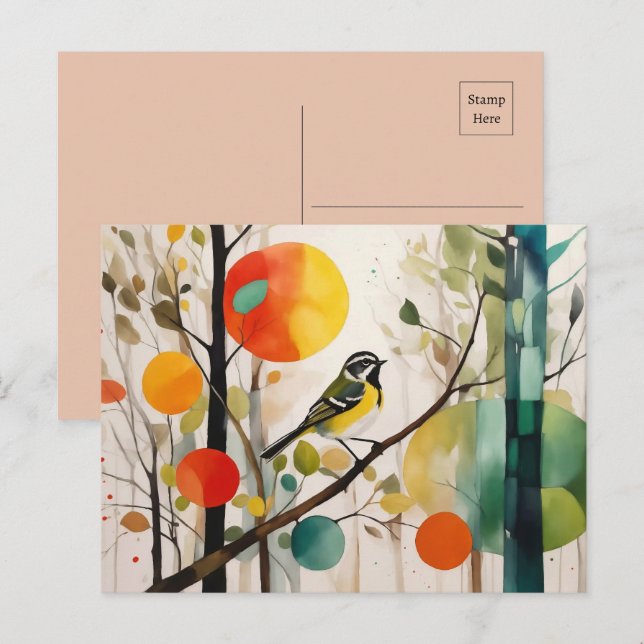 Wasserfarbensongbird im Herbstwald Postkarte (Vorne/Hinten)
