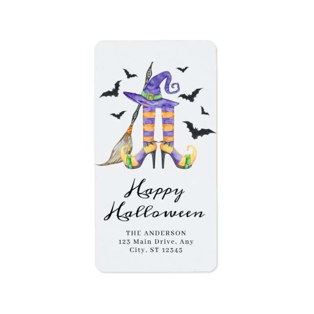 Wasserfarbenspuk Halloween HexenLegs und Hut Adressaufkleber (Vorne)