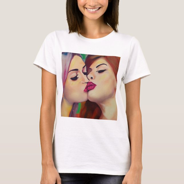 Wasserfarbenstolz Zwei Frauen teilen Kuss T-Shirt (Vorderseite)