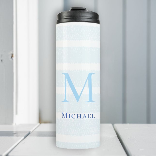 Wasserfarbenstreifen am Strand Personalisiert Thermosbecher (beach house tumbler personalized monogram sea blue stripes nautical ocean grandchild baby gift)