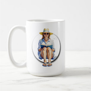 WasserfarbenSummer Woman mit Sonnenhut und Buch Kaffeetasse