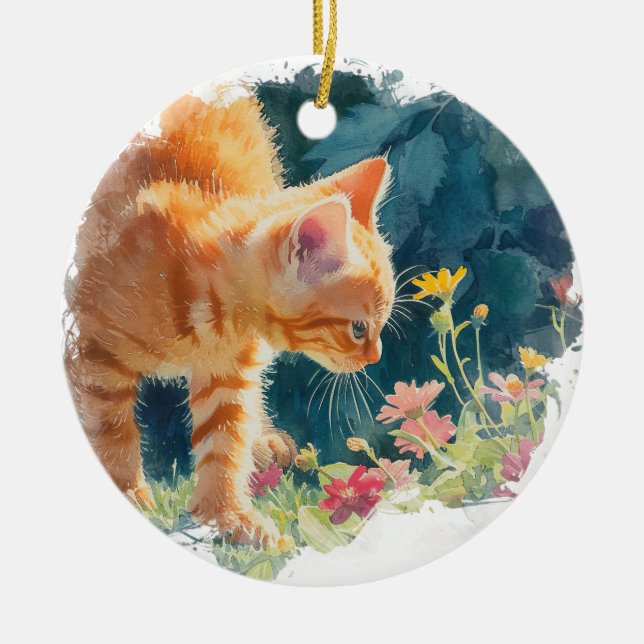 WASSERFARBENTABBY MIT FRÜHSTÜCKSBLUMEN KERAMIK ORNAMENT (Vorne)