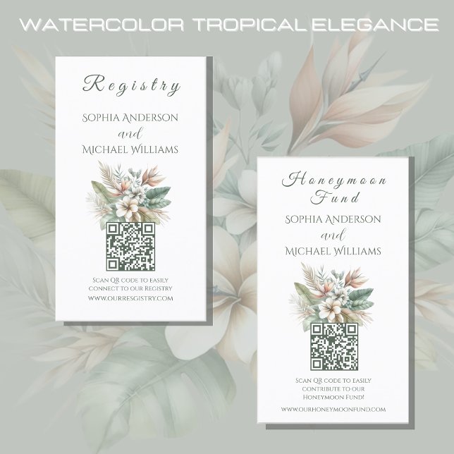 Wasserfarbentropische Elegance - Registry-Honeymoo Visitenkarte (Watercolor Tropical Elegance Wedding Collection-Registry and Honeymoon Fund-Green and Peach)