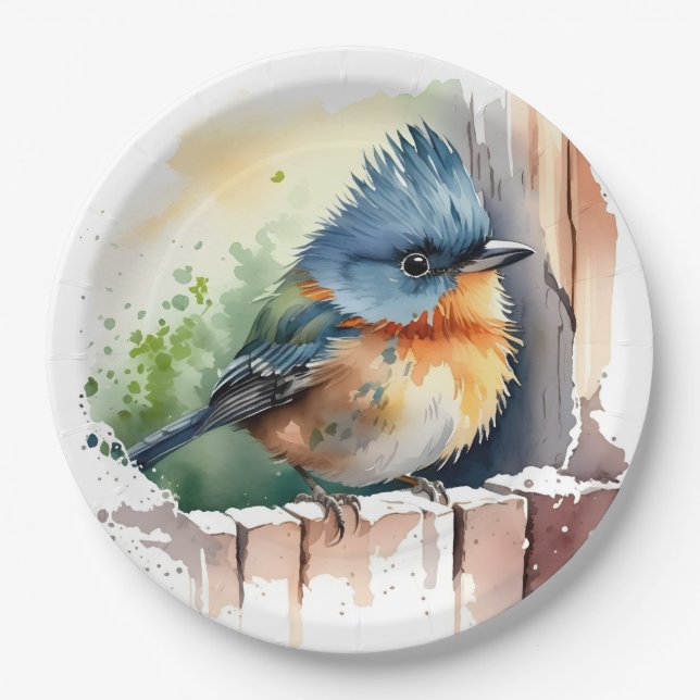Wasserfarbenvogel auf einem Zaun Pappteller (Vorderseite)
