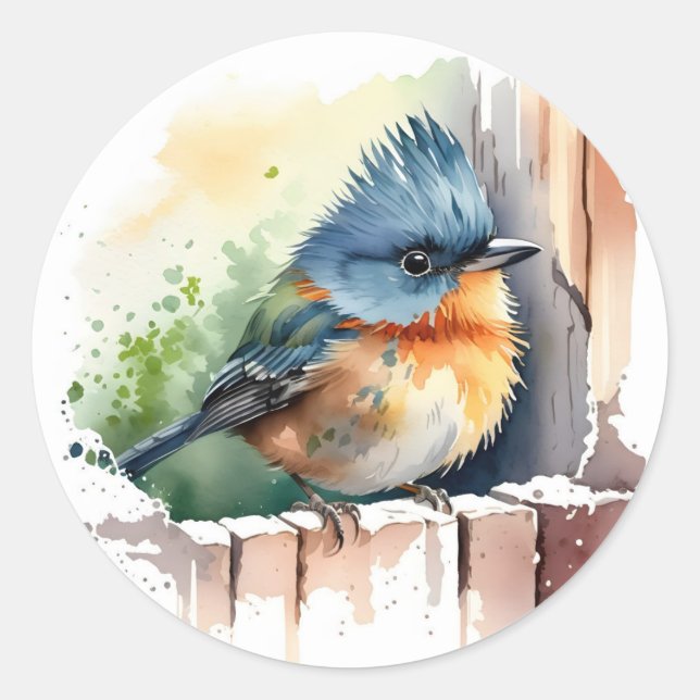 Wasserfarbenvogel auf einem Zaun Runder Aufkleber (Vorderseite)
