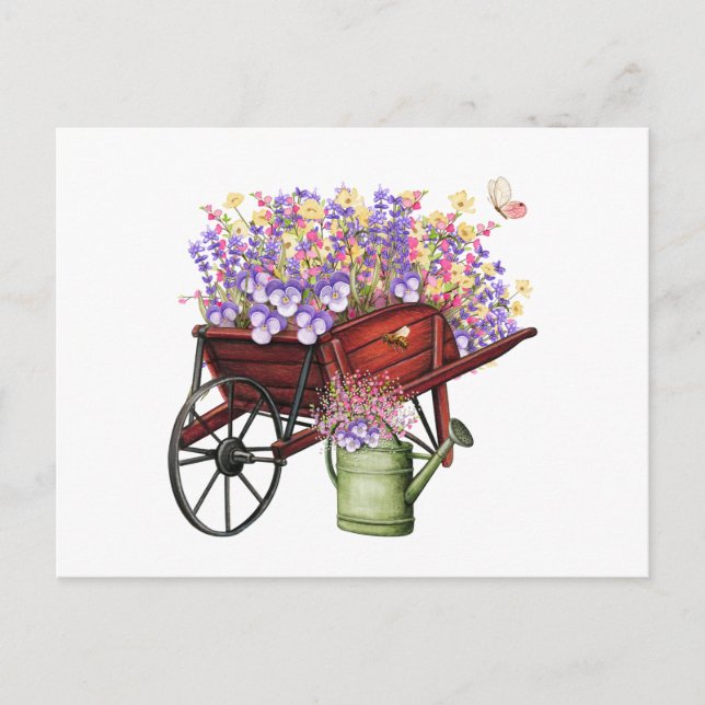 Wasserfarbenwagen, Wasserkocher und Blume Postkarte (Vorderseite)