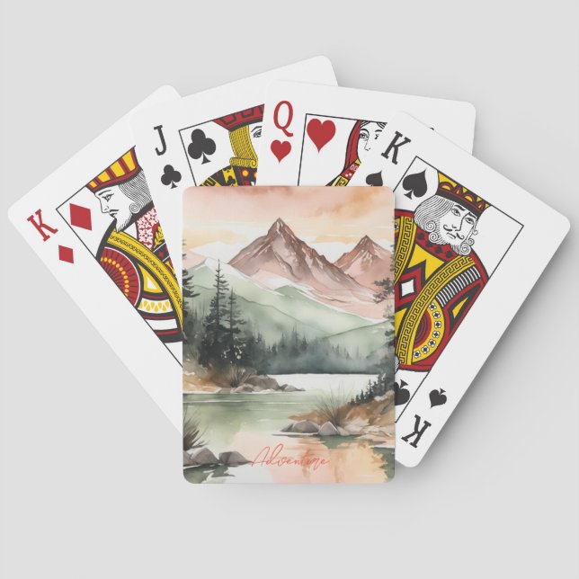 Wasserfarbenwald Berge Natur Spielkarten (Rückseite)