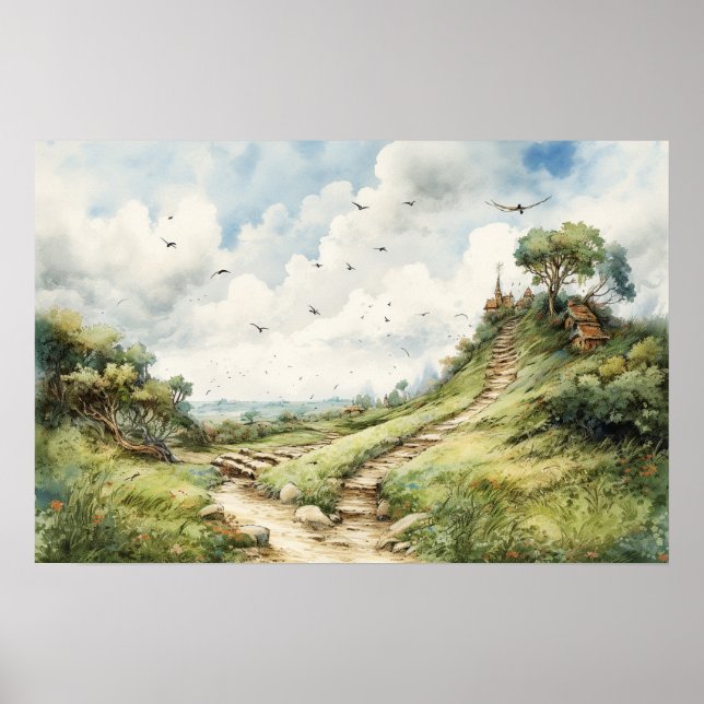 Wasserfarbenwald bis zur Hütte auf einem Hügel Poster (Vorne)