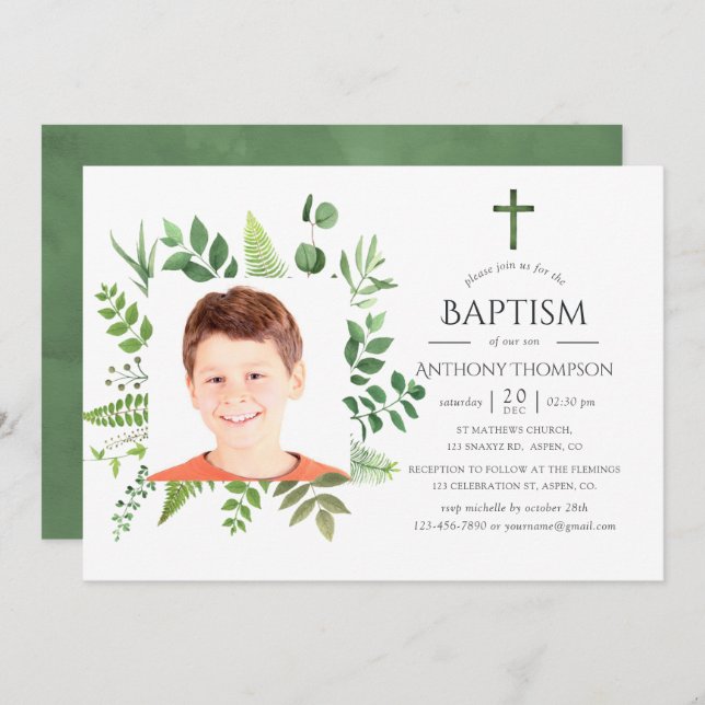 Wasserfarbenwald Grüne Taufe oder Christöne Einladung (Vorne/Hinten)