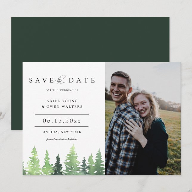 Wasserfarbenwald-Hochzeit speichert das Foto Datum Ankündigung (Vorne/Hinten)