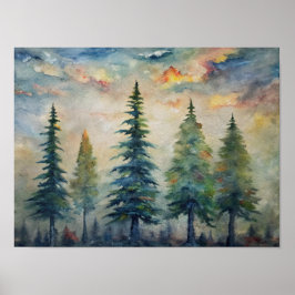 Wasserfarbenwald Landschaft, Pinienbäume bei Dämme Poster