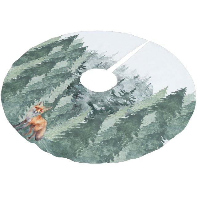 Wasserfarbenwald mit Fuchs Weihnachtszauber Polyester Weihnachtsbaumdecke (Schrägansicht)