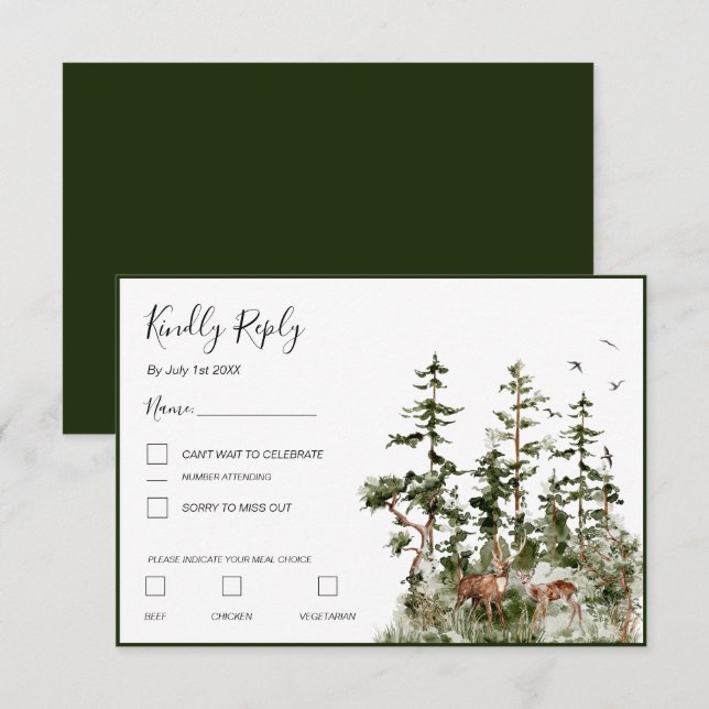 Wasserfarbenwald Rustikale Hochzeit RSVP Karte (Vorne/Hinten)