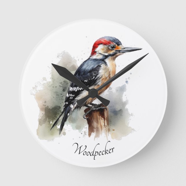 Wasserfarbenwaldspecht Runde Wanduhr (Vorderseite)