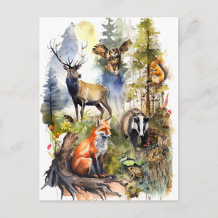 Wasserfarbenwaldtiere, Hirsche, Fische, Badger und Postkarte