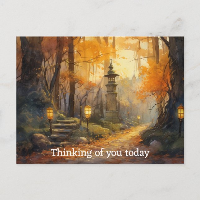 Wasserfarbenwaldweg durch Fallwälder bei Dämmerung Postkarte (Vorderseite)