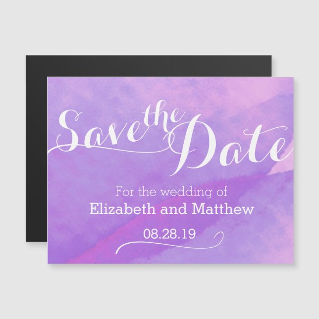 Wasserfarbenwäsche Save the Date lila Magneteinladung (Vorne/Hinten)