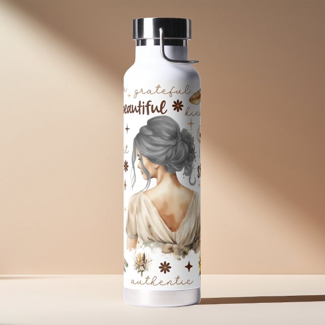 Wasserfarbenweibchen mit grauem Haar-Boho-Bestätig Trinkflasche (Von Creator hochgeladen)