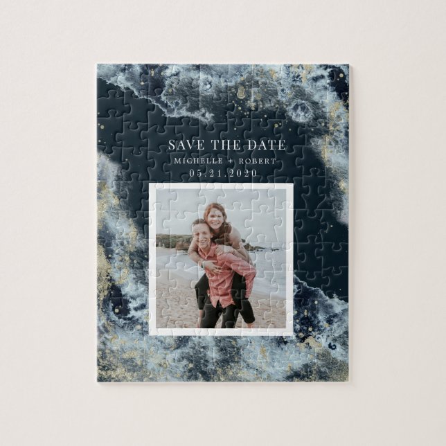 Wasserfarbenwellen Küsten Save the Date Foto jigsa (Vertikal)