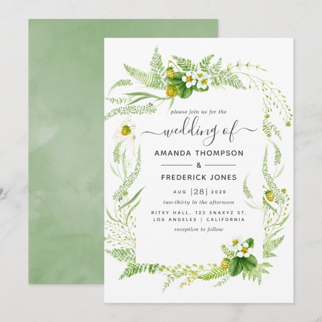Wasserfarbenwelt Rustikale Hochzeit im Grünen Einladung (Vorne/Hinten)