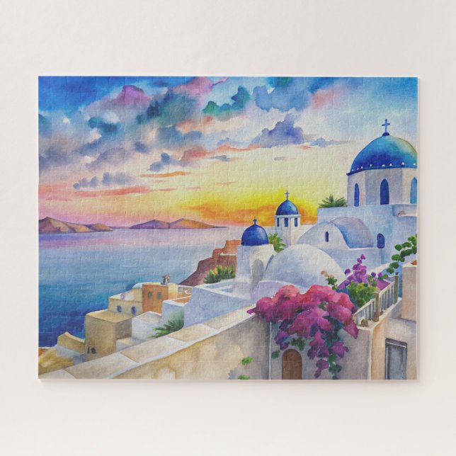 Wasserfarbenwelt Santorini Griechische Insel (Horizontal)