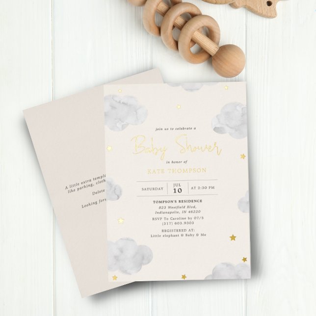 Wasserfarbenwolken Cream Neutral Baby Dusche Gold Folieneinladung (Von Creator hochgeladen)