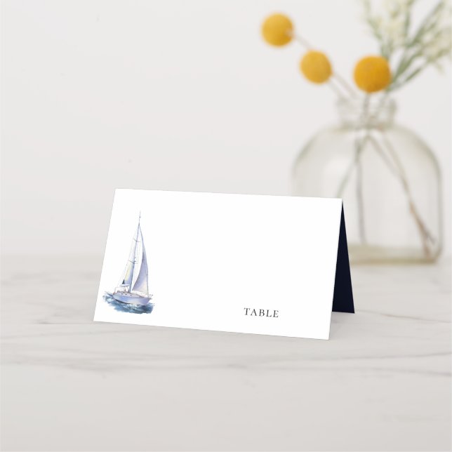 WasserfarbenYacht Nautical Theme Navy Blue Wedding Platzkarte (Vorderseite)