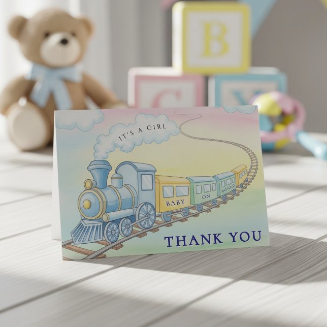 Wasserfarbenzug Whimsical Baby Dusche Dankeskarte (Watercolor Train Whimsical Baby Shower Thank You Card
)