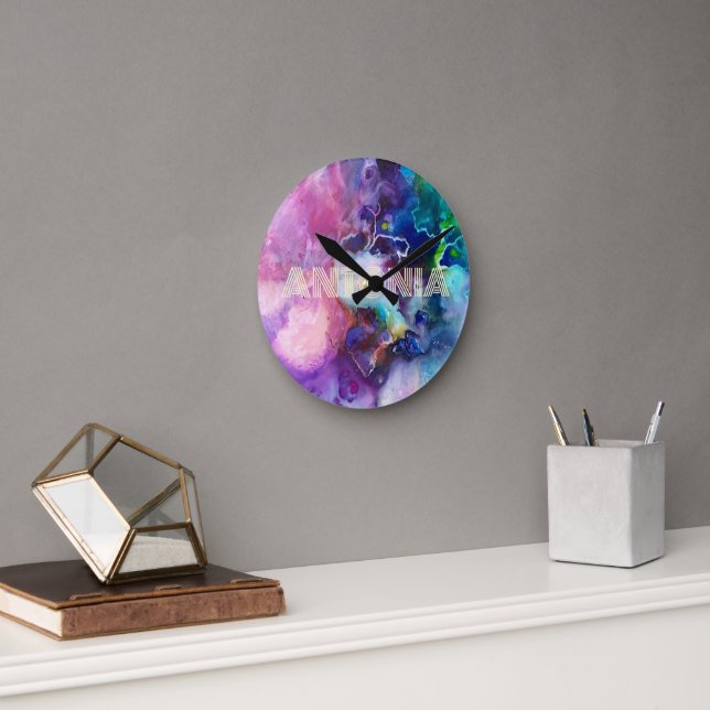 Wasserfarbiger Regenbogen Name für whimsical perso Runde Wanduhr (Büro)