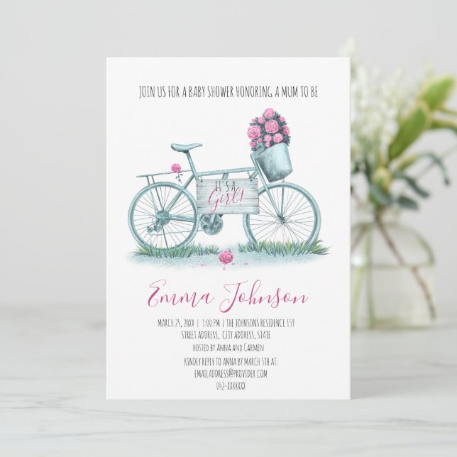 Wasserfarbiges Fahrrad mit Rose Kinderdusche Einladung (Stehend Vorderseite)