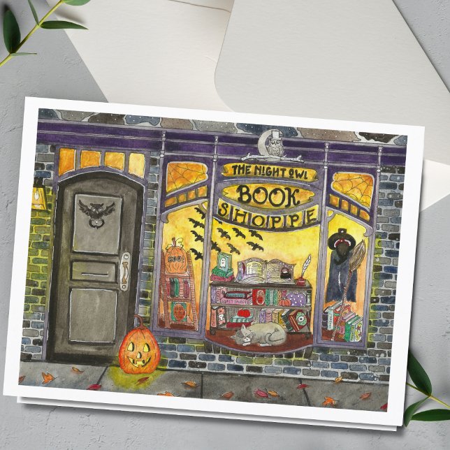 Wasserfarbkarte Halloween Cat and Book Shop Karte (Von Creator hochgeladen)