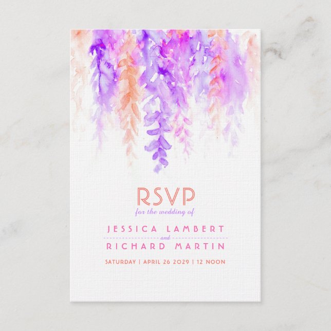 Wasserfarbkaskadierung lila-Orangenhochzeit RSVP (Vorderseite)