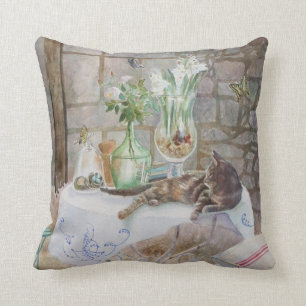 Wasserfarbkatze im Bauernhof Kissen
