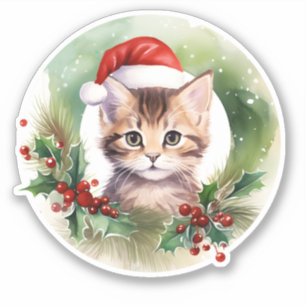 Wasserfarbkatze mit Holly Berry Kreath Aufkleber
