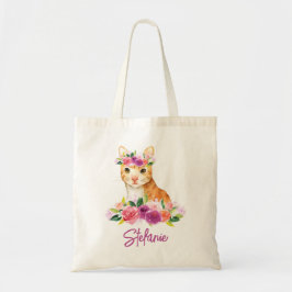 Wasserfarbkatze mit Personalisierter Blumenkronenb Tragetasche