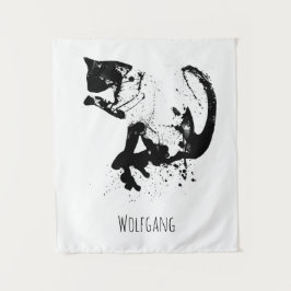 Wasserfarbkatze, schwarze Katze, Minimal, Schwarz Wandteppich