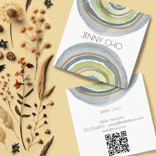 Wasserfarbkreise Abstrakte Minimalistische neutral Quadratische Visitenkarte (Watercolor rings minimalist design business cards with custom QR code)