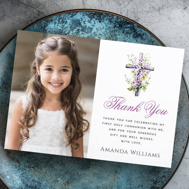 Wasserfarbkreuz lila Blume Erste Kommune Dankeskarte (Watercolor cross purple flower First Communion Thank You Card)
