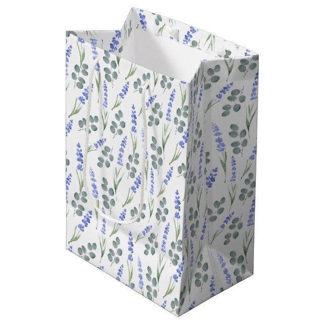 Wasserfarblavender und Eukalyptus-Muster Mittlere Geschenktüte (Vorderseite Schrägansicht)
