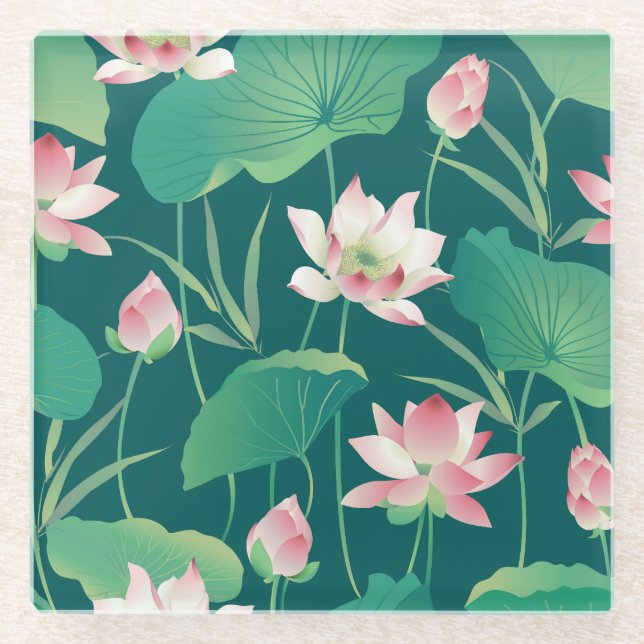 Wasserfarblotus: Vintage nahtlose Blume. Glasuntersetzer (Vorderseite)
