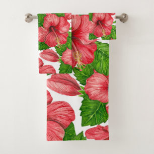 Wasserfarbmuster des roten Hibiskus Badhandtuch Set