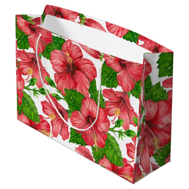 Wasserfarbmuster des roten Hibiskus Große Geschenktüte (Rückseite Schrägansicht)