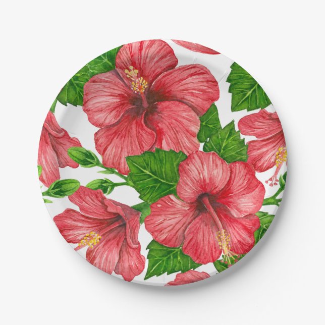 Wasserfarbmuster des roten Hibiskus Pappteller (Vorderseite)