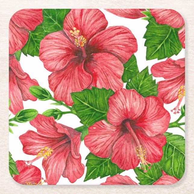 Wasserfarbmuster des roten Hibiskus Rechteckiger Pappuntersetzer (Vorderseite)